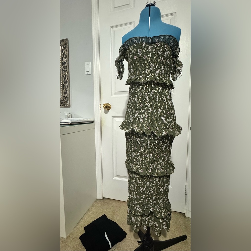 Olive Off-Shoulder Floral Ruffle Maxi Dress